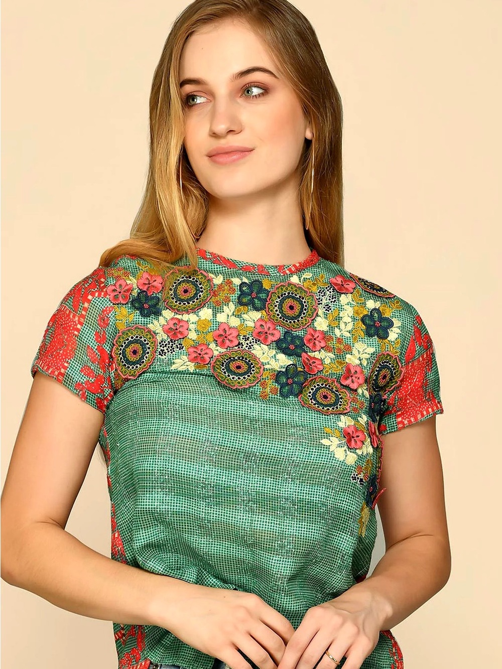 Anthropologie Green Top with Red Floral Embroidery